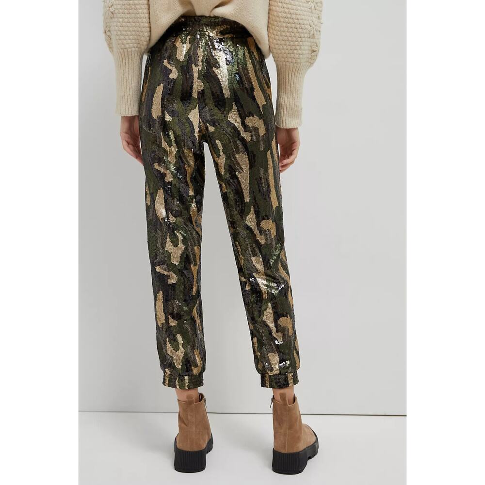 Anthropologie Green Camo Sequin Jogger Pants XS Sparkly Statement Trousers NYE - Picture 2 of 13